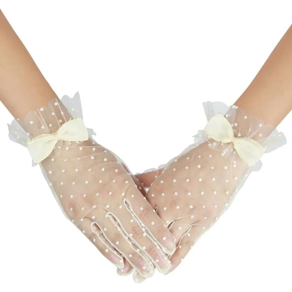 Women's Beige Short Polka Dot Lace Bow Mesh Party Wedding Bridal Gloves Prom